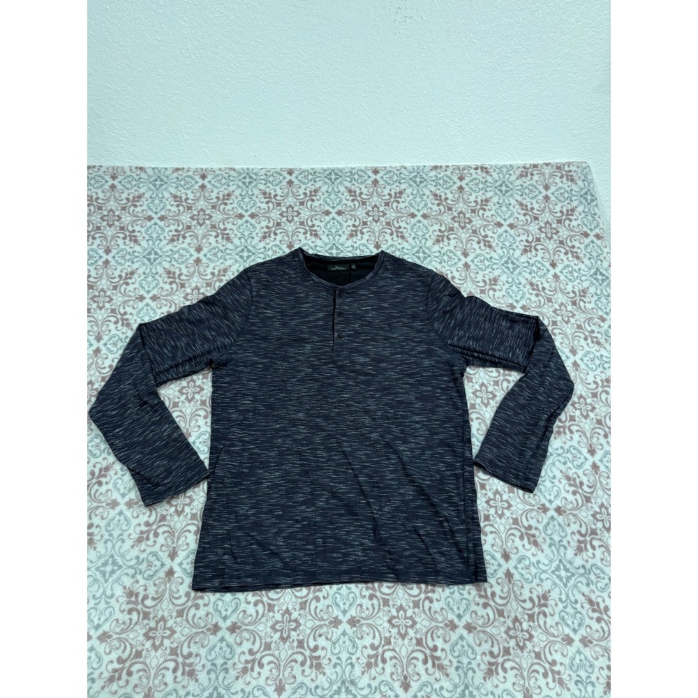 Marc Anthony Mens Long Sleeve Henley Shirt Navy Blue Space Dye Slub Knit Large